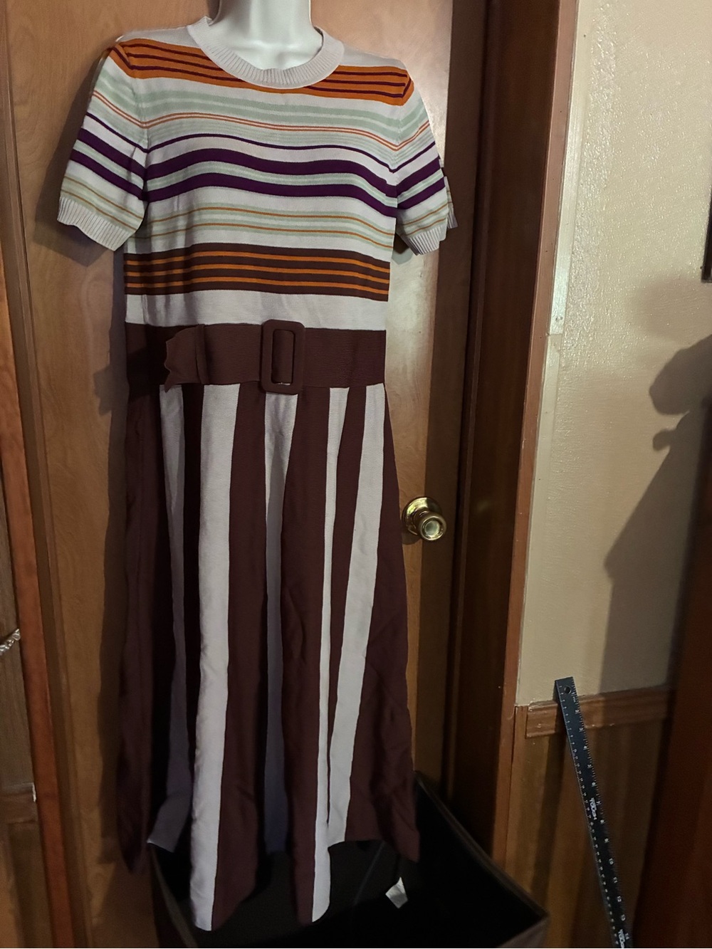 Striped Knit Belted Midi Dress - Brown & Multi